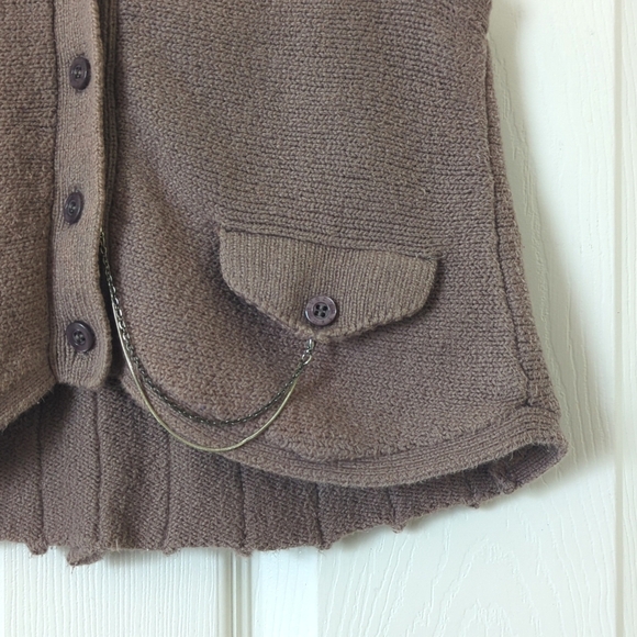 Quicksilver Waistcoat Inspired Button Up V-neck Pleated Back Knit Tank Top Taupe - Picture 8 of 12